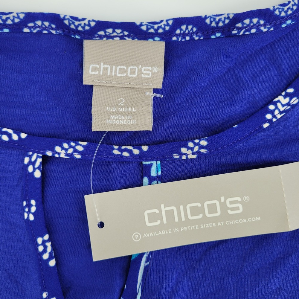 Chicos Regal Blue Boho Peasant Coastal Top Kimono Sleeve Keyhole Size 2 LG NWT - Picture 4 of 12